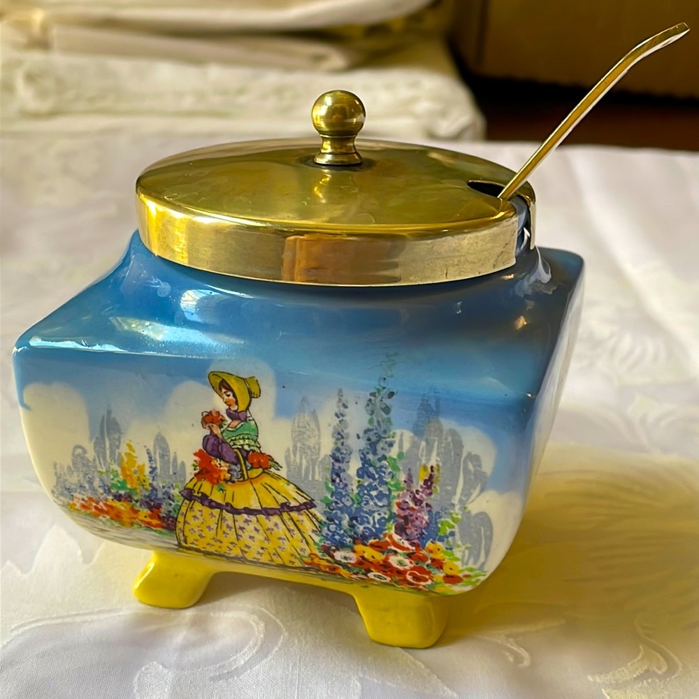 Antique 1920’s relish preserve sugar bowl Sandland ware Lancaster lid & spoon